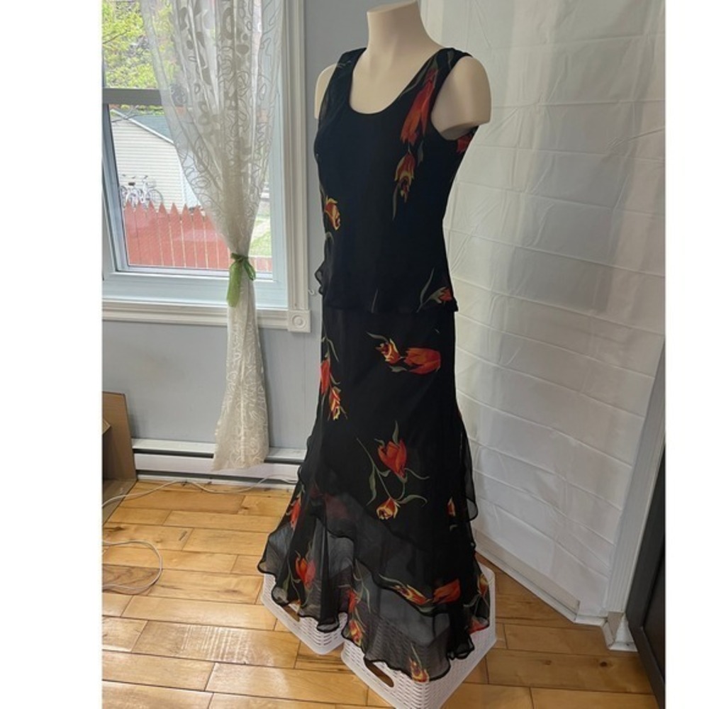 Nikky Vintage Floral Chiffon Maxi Dress Ruffle Tiered Black Red Orange - Picture 2 of 11